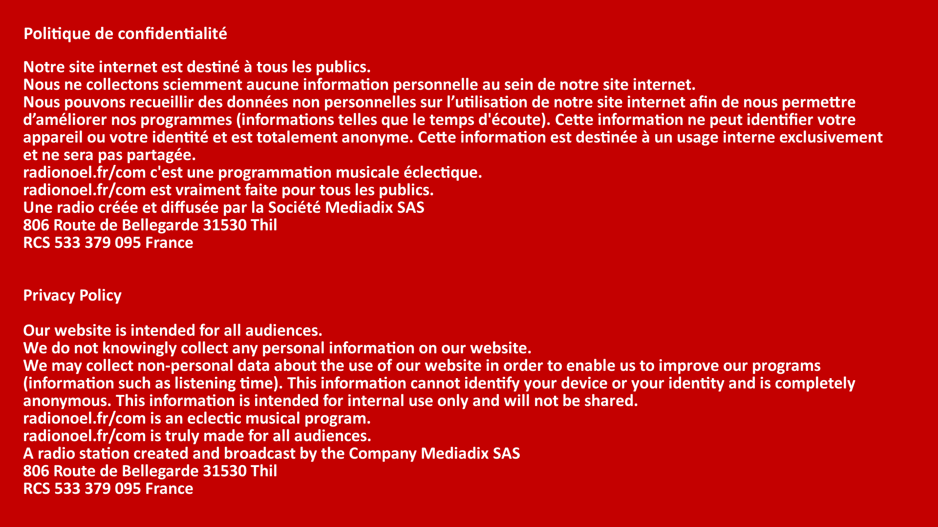 Mentions légales de Radio Noël Sans Pub